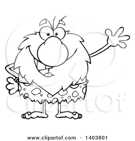 Cartoon Clipart of a Black and White Lineart Friendly Waving Caveman Mascot Character - Royalty Free Vector Illustration by Hit Toon
