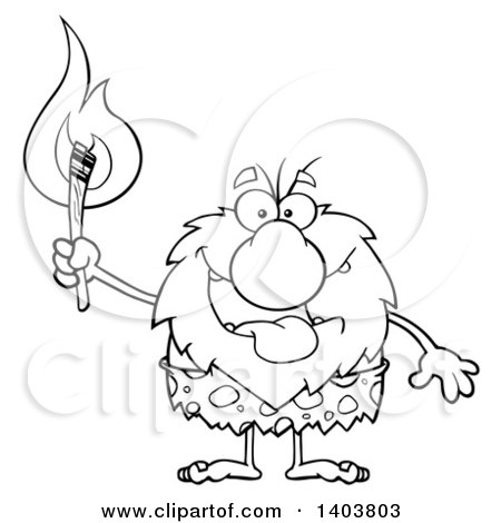 Cartoon Clipart of a Black and White Lineart Caveman Mascot Character Carrying a Torch - Royalty Free Vector Illustration by Hit Toon