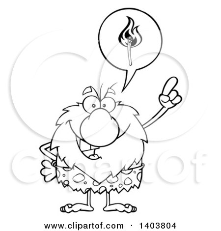 Cartoon Clipart of a Black and White Lineart Caveman Mascot Character Thinking of Fire - Royalty Free Vector Illustration by Hit Toon