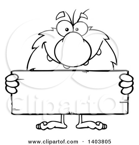 Cartoon Clipart of a Black and White Lineart Caveman Mascot Character Holding a Blank Sign - Royalty Free Vector Illustration by Hit Toon