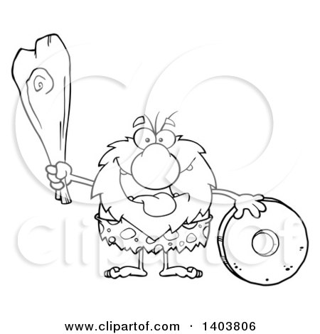 Cartoon Clipart of a Black and White Lineart Caveman Mascot Character Holding a Club and Standing with a Wheel - Royalty Free Vector Illustration by Hit Toon