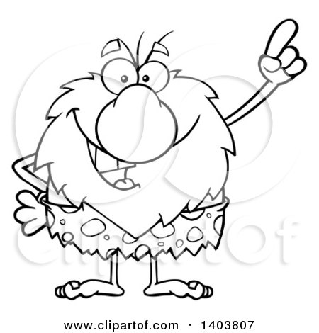 Cartoon Clipart of a Black and White Lineart Caveman Mascot Character with an Idea - Royalty Free Vector Illustration by Hit Toon
