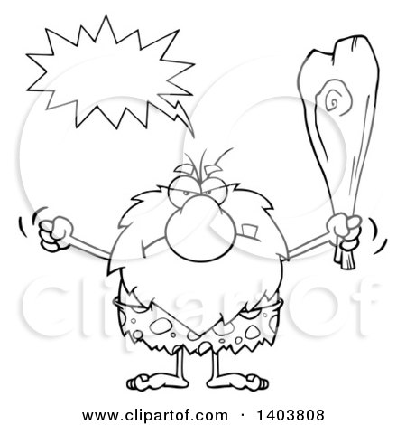 Cartoon Clipart of a Black and White Lineart Mad Caveman Mascot Character Yelling, Waving a Fist and Club - Royalty Free Vector Illustration by Hit Toon