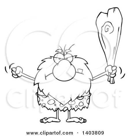 Cartoon Clipart of a Black and White Lineart Mad Caveman Mascot Character Waving a Fist and Club - Royalty Free Vector Illustration by Hit Toon