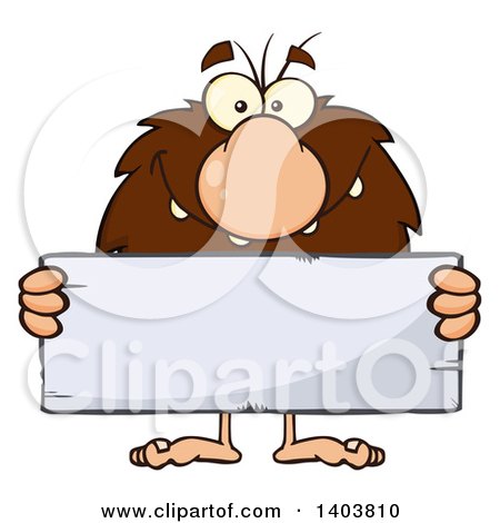 Cartoon Clipart of a Caveman Mascot Character Holding a Blank Stone Sign - Royalty Free Vector Illustration by Hit Toon
