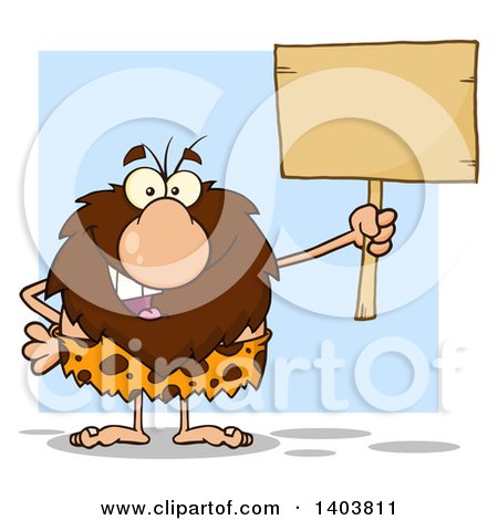 Cartoon Clipart of a Caveman Mascot Character Holding up a Blank Sign, over Blue - Royalty Free Vector Illustration by Hit Toon