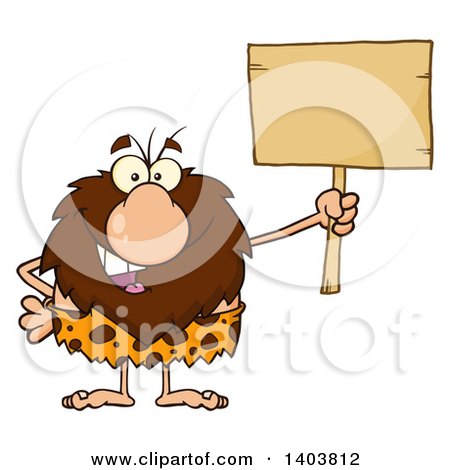 Cartoon Clipart of a Caveman Mascot Character Holding up a Blank Sign - Royalty Free Vector Illustration by Hit Toon