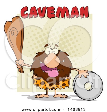 Cartoon Clipart of a Caveman Mascot Character Holding a Club and Standing with a Wheel, with Text on Tan - Royalty Free Vector Illustration by Hit Toon