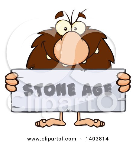 Cartoon Clipart of a Caveman Mascot Character Holding a Stone Age Sign - Royalty Free Vector Illustration by Hit Toon