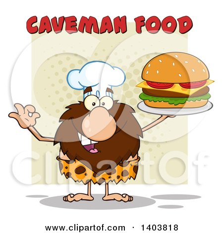Cartoon Clipart of a Chef Caveman Mascot Character Holding a Cheeseburger Under Text - Royalty Free Vector Illustration by Hit Toon