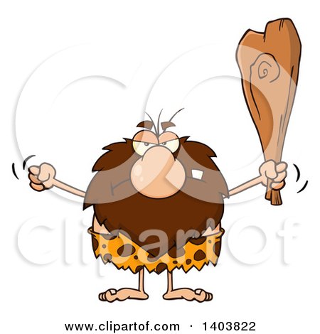 Cartoon Clipart of a Mad Caveman Mascot Character Waving a Fist and Club - Royalty Free Vector Illustration by Hit Toon