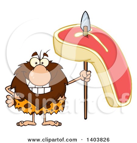 Cartoon Clipart of a Caveman Mascot Character Holding a Raw Beef Steak on a Spear - Royalty Free Vector Illustration by Hit Toon