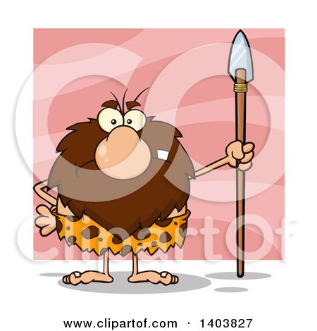 Cartoon Clipart of a Mad Caveman Mascot Character Standing with a Spear, over Pink - Royalty Free Vector Illustration by Hit Toon