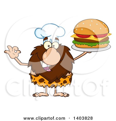 Cartoon Clipart of a Chef Caveman Mascot Character Holding a Cheeseburger - Royalty Free Vector Illustration by Hit Toon