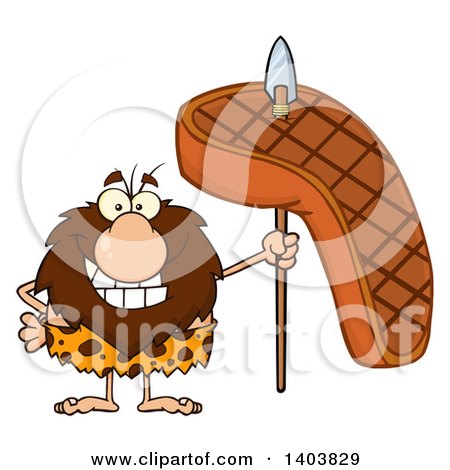 Cartoon Clipart of a Caveman Mascot Character Holding a Grilled Beef Steak on a Spear - Royalty Free Vector Illustration by Hit Toon