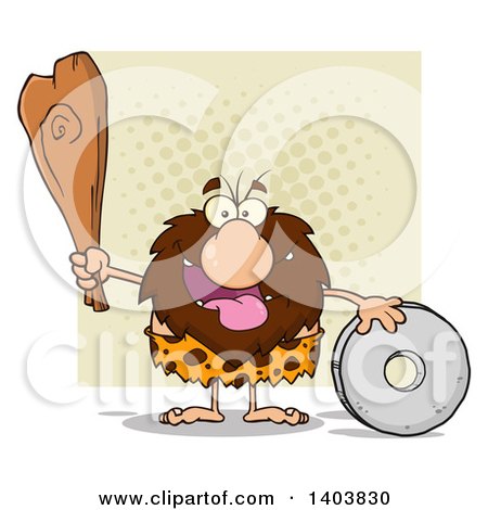 Cartoon Clipart of a Caveman Mascot Character Holding a Club and Standing with a Wheel, on Tan - Royalty Free Vector Illustration by Hit Toon