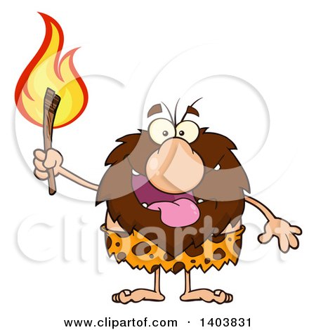 Cartoon Clipart of a Caveman Mascot Character Carrying a Torch - Royalty Free Vector Illustration by Hit Toon