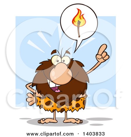 Cartoon Clipart of a Caveman Mascot Character Holding up a Finger and Talking About Fire on Blue - Royalty Free Vector Illustration by Hit Toon