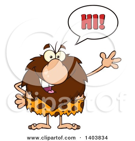 Cartoon Clipart of a Friendly Waving Caveman Mascot Character Saying Hi - Royalty Free Vector Illustration by Hit Toon