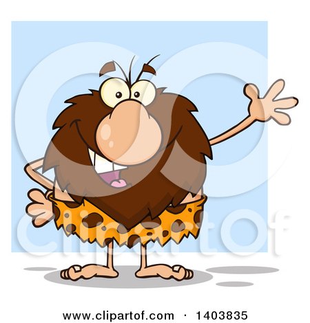 Cartoon Clipart of a Friendly Waving Caveman Mascot Character, over Blue - Royalty Free Vector Illustration by Hit Toon