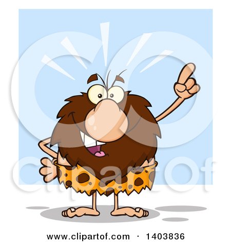 Cartoon Clipart of a Caveman Mascot Character Holding up a Finger, on Blue - Royalty Free Vector Illustration by Hit Toon