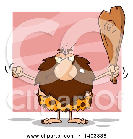 Cartoon Clipart of a Mad Caveman Mascot Character Waving a Fist and Club, on Pink - Royalty Free Vector Illustration by Hit Toon