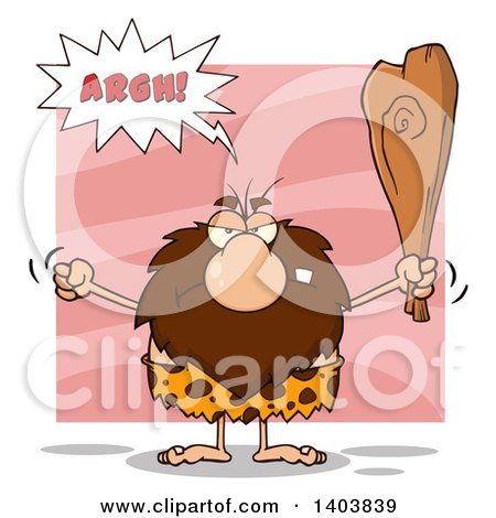 Cartoon Clipart of a Mad Caveman Mascot Character Yelling, Waving a Fist and Club on Pink - Royalty Free Vector Illustration by Hit Toon
