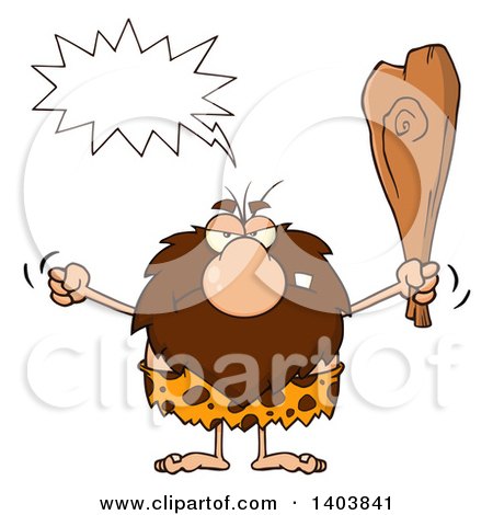 Cartoon Clipart of a Mad Caveman Mascot Character Yelling, Waving a Fist and Club - Royalty Free Vector Illustration by Hit Toon