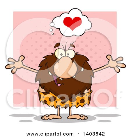 Cartoon Clipart of a Caveman Mascot Character Wanting a Hug, over Pink - Royalty Free Vector Illustration by Hit Toon