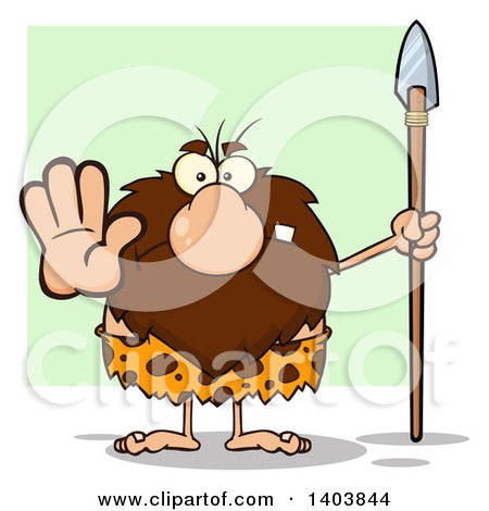 Cartoon Clipart of a Mad Caveman Mascot Character Holding a Spear and Gesturing Stop, over Green - Royalty Free Vector Illustration by Hit Toon