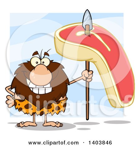 Cartoon Clipart of a Caveman Mascot Character Holding a Raw Beef Steak on a Spear, over Blue - Royalty Free Vector Illustration by Hit Toon
