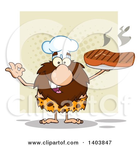 Cartoon Clipart of a Chef Caveman Mascot Character Holding a Grilled Beef Steak, over Tan - Royalty Free Vector Illustration by Hit Toon