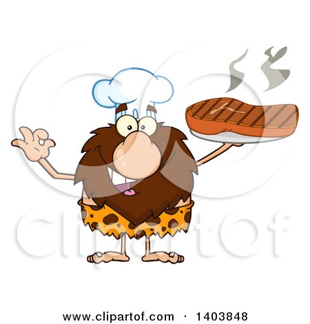 Cartoon Clipart of a Chef Caveman Mascot Character Holding a Grilled Beef Steak - Royalty Free Vector Illustration by Hit Toon