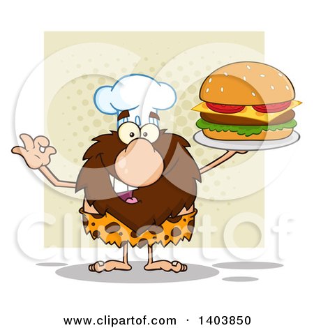Cartoon Clipart of a Chef Caveman Mascot Character Holding a Cheeseburger, over a Tan Square - Royalty Free Vector Illustration by Hit Toon