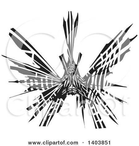 Clipart of a Black and White Woodcut Lionfish - Royalty Free Vector Illustration by xunantunich