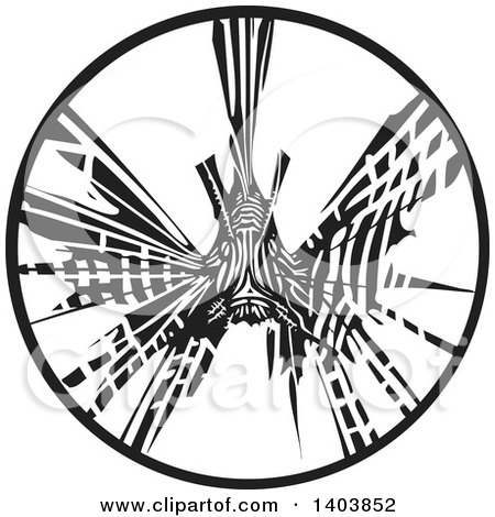 Clipart of a Black and White Woodcut Lionfish in a Circle - Royalty Free Vector Illustration by xunantunich