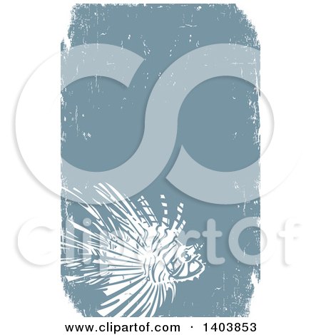 Clipart of a White Woodcut Lionfish on Blue, with Text Space - Royalty Free Vector Illustration by xunantunich