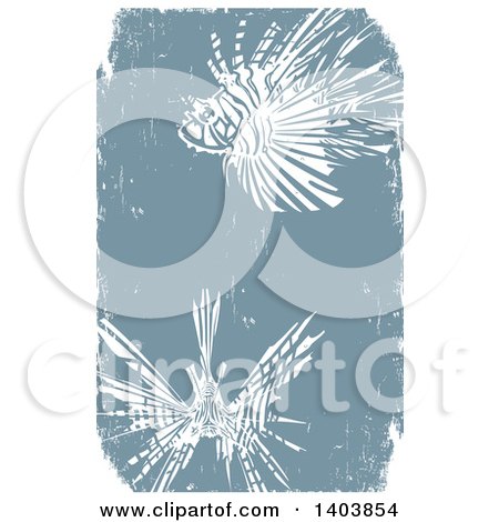 Clipart of White Woodcut Lionfishes on Blue - Royalty Free Vector Illustration by xunantunich