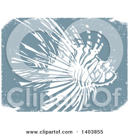 Clipart of a White Woodcut Lionfish on Blue - Royalty Free Vector Illustration by xunantunich