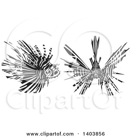Clipart of a Black and White Woodcut Lionfish Shown in Profile and from the Front - Royalty Free Vector Illustration by xunantunich