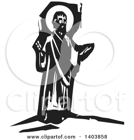Clipart of a Black and White Woodcut Scene of Jesus Christ - Royalty Free Vector Illustration by xunantunich