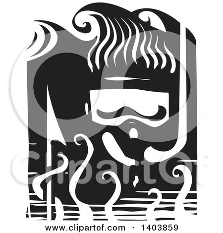 Clipart of a Black and White Woodcut Diver Wearing a Snorkel Mask - Royalty Free Vector Illustration by xunantunich