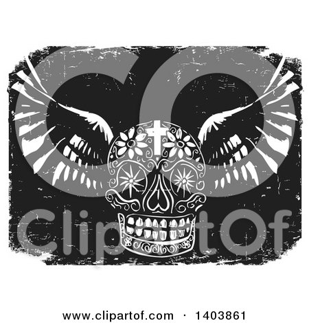 Clipart of a Black and White Woodcut Winged Mexican Day of the Dead Skull with a Cross and Flowers over Grunge - Royalty Free Vector Illustration by xunantunich