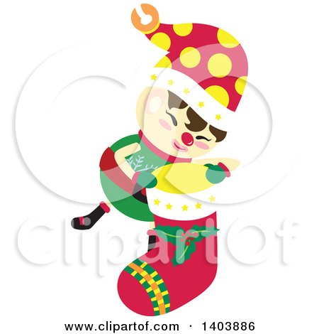Clipart of a Happy Christmas Elf Holding a Stocking - Royalty Free Vector Illustration by Cherie Reve