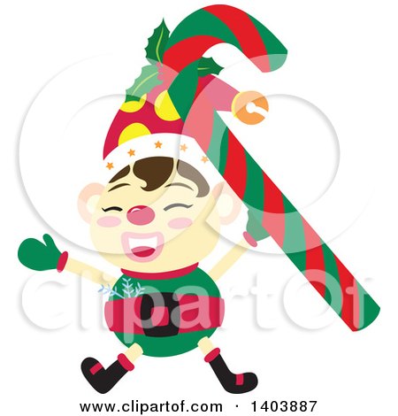 Clipart of a Happy Christmas Elf Cheering with a Candy Cane - Royalty Free Vector Illustration by Cherie Reve