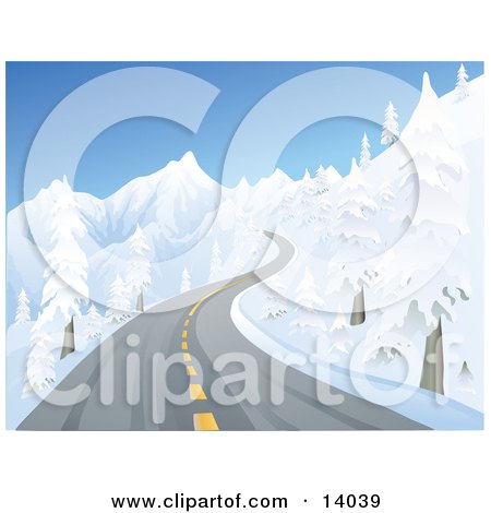 Icy Two Laned Road With Black Ice Winding Up A Mountain Between Snow Flocked Trees Clipart Illustration by Rasmussen Images