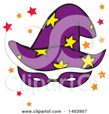 Clipart of a Halloween Starry Wizard Hat with a Mask and Stars - Royalty Free Vector Illustration by Cherie Reve