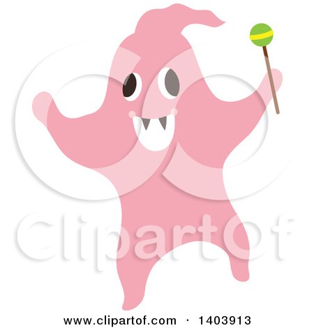 Clipart of a Pink Halloween Ghost Holding a Lolipop - Royalty Free Vector Illustration by Cherie Reve