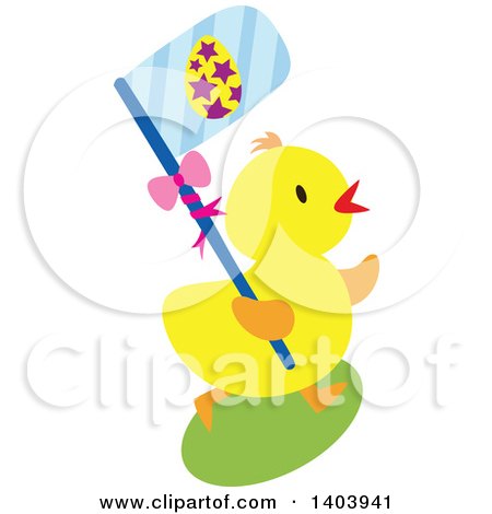 Clipart of a Yellow Easter Chick Carrying a Blue Flag - Royalty Free Vector Illustration by Cherie Reve