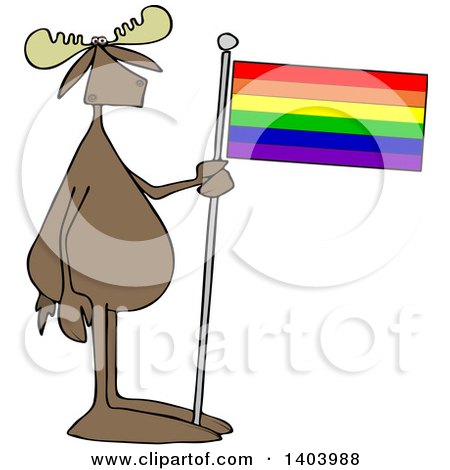 Clipart of a Cartoon Moose Standing and Holding a Rainbow Lgbt Flag - Royalty Free Vector Illustration by djart